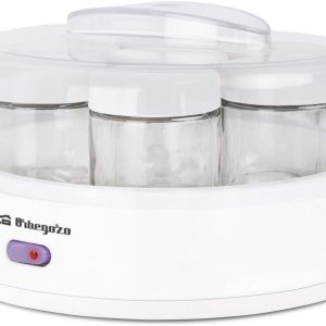 Orbegozo YU 2350 Yaourtière avec 7 pots de 200 ml de capacité, 15 W, couvercle transparent, interrupteur marche/arrêt, passe au lave-vaisselle, blanc