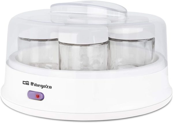 Orbegozo YU 2350 Yaourtière avec 7 pots de 200 ml de capacité, 15 W, couvercle transparent, interrupteur marche/arrêt, passe au lave-vaisselle, blanc
