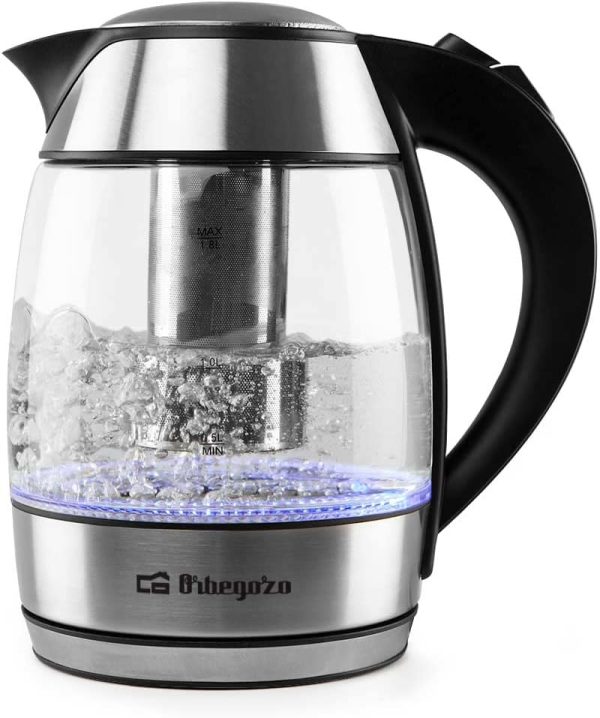 Orbegozo KT 6040 Bouilloire avec Passoire, Verseuse en Verre Amovible, Poignée à Froid, Éclairage LED, Sans BPA, 2200W