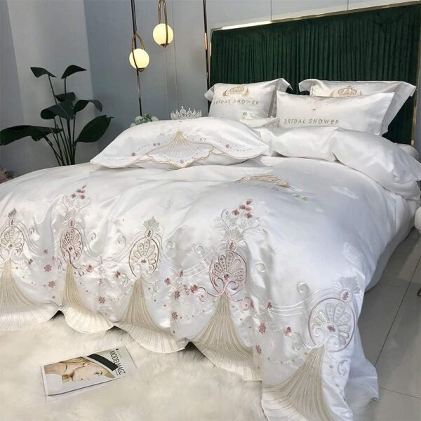 Ensemble de housse de couette en coton – 6 pièces brodées, en satin de coton effet soie, avec taies d’oreiller – Image 2