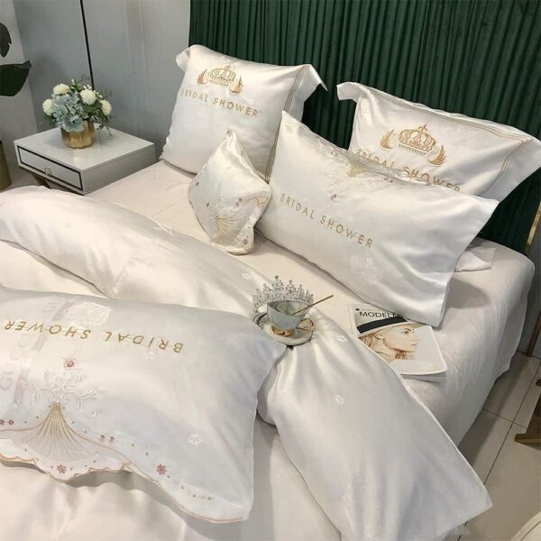 Ensemble de housse de couette en coton – 6 pièces brodées, en satin de coton effet soie, avec taies d’oreiller – Image 4