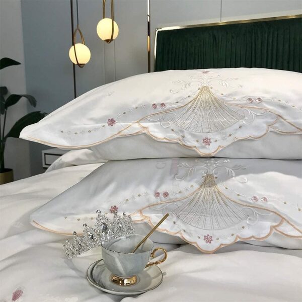Ensemble de housse de couette en coton – 6 pièces brodées, en satin de coton effet soie, avec taies d’oreiller – Image 3