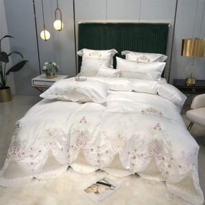Ensemble de housse de couette en coton – 6 pièces brodées, en satin de coton effet soie, avec taies d’oreiller