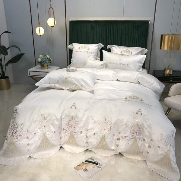 Ensemble de housse de couette en coton – 6 pièces brodées, en satin de coton effet soie, avec taies d’oreiller