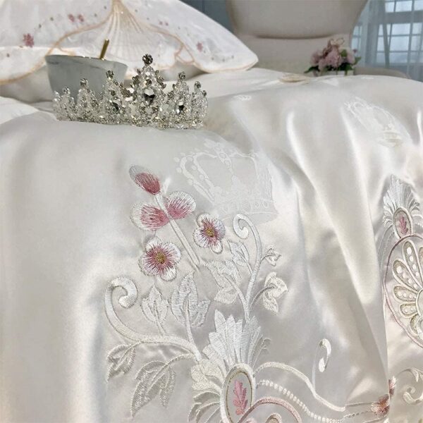 Ensemble de housse de couette en coton – 6 pièces brodées, en satin de coton effet soie, avec taies d’oreiller – Image 5