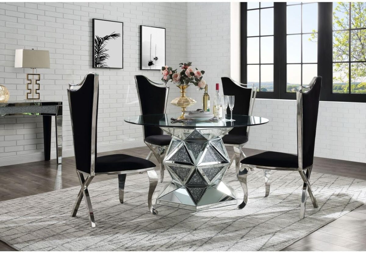 Table à manger miroir avec incrustations de strass – Table de salle à manger miroir ornée de diamants décoratifs – Image 3