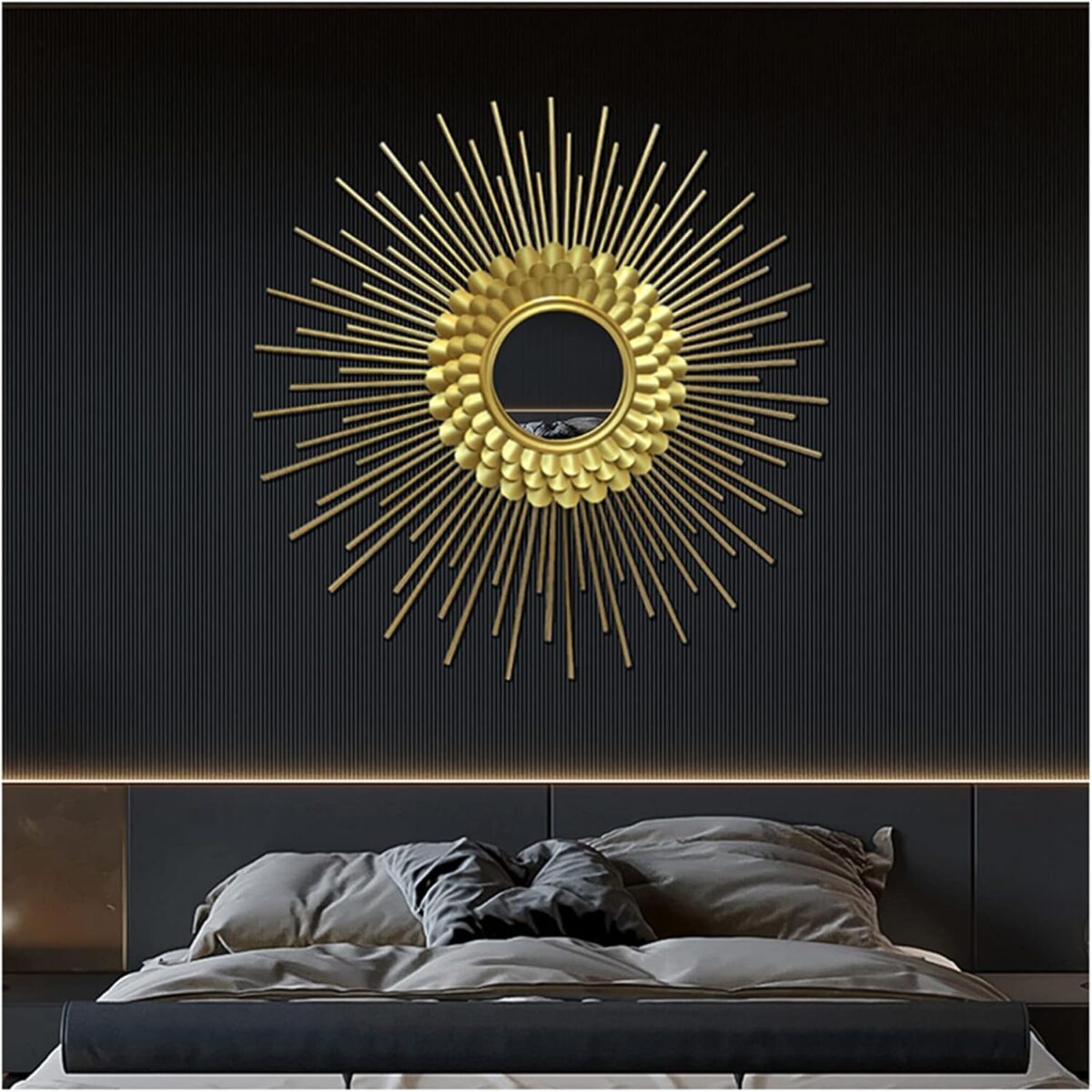 Grand miroir mural en métal doré en forme de soleil – Image 4
