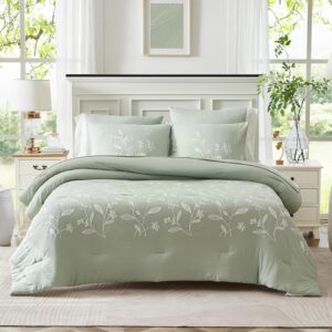 Ensemble de literie vert sauge brodé, taille Full – 6 pièces, style farmhouse avec broderies florales, couette toutes saisons avec draps et taies d’oreiller, complet pour double lit .