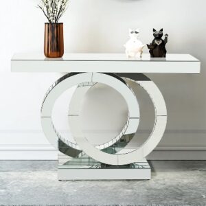 Console moderne en argent avec base à anneaux entrelacés pour couloir d'entrée