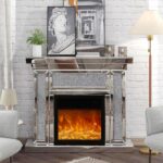 Cheminée électrique à LED Fuax avec miroir et flamme, décor diamant, argentée