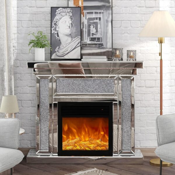 Cheminée électrique à LED Fuax avec miroir et flamme, décor diamant, argentée
