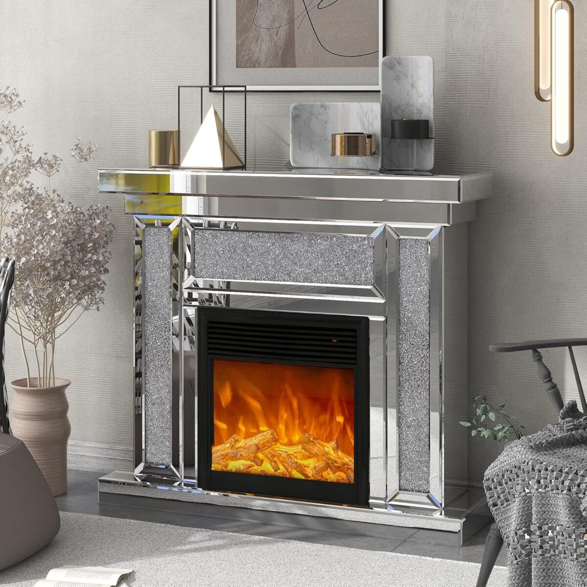 Cheminée électrique à LED Fuax avec miroir et flamme, décor diamant, argentée – Image 4