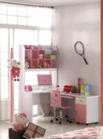 Lit simple rose pour enfant Lit de quatre pieds Table de lit Lit princesse Ensemble de lit pour enfant vendu séparément Lit de cinq pieds Armoire Bureau – Image 3