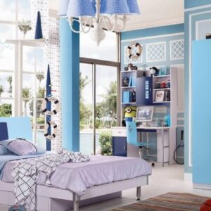 Ensemble de chambre pour enfants, bleu, meubles de luxe, ensemble de lit en bois massif, pour garçons et filles, avec penderie et Table de travail