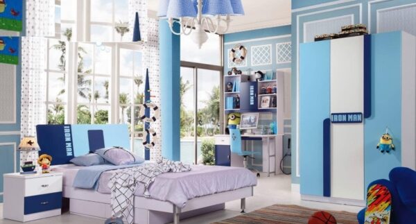 Ensemble de chambre pour enfants, bleu, meubles de luxe, ensemble de lit en bois massif, pour garçons et filles, avec penderie et Table de travail