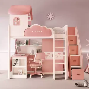 Le lit est à l'étage supérieur et la table est à l'étage inférieur
