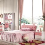 Lit simple rose pour enfant Lit de quatre pieds Table de lit Lit princesse Ensemble de lit pour enfant vendu séparément Lit de cinq pieds Armoire Bureau – Image 6