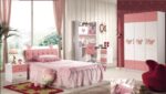 Lit simple rose pour enfant Lit de quatre pieds Table de lit Lit princesse Ensemble de lit pour enfant vendu séparément Lit de cinq pieds Armoire Bureau
