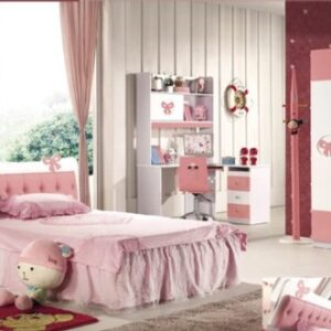 Lit simple rose pour enfant Lit de quatre pieds Table de lit Lit princesse Ensemble de lit pour enfant vendu séparément Lit de cinq pieds Armoire Bureau
