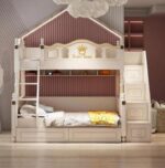 Lit superposé en bois massif de style américain avec rangements intégrés – Modèle combiné mère-enfant à deux niveaux (couchage haut et bas), adapté pour adultes et enfants.