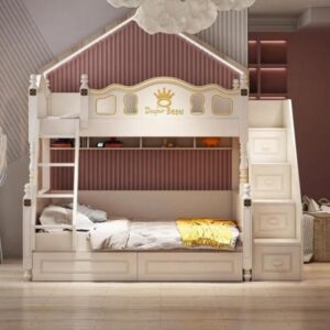 Lit superposé en bois massif de style américain avec rangements intégrés – Modèle combiné mère-enfant à deux niveaux (couchage haut et bas), adapté pour adultes et enfants.