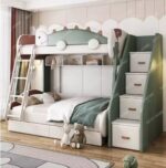 Lit superposé en cuir de dinosaure pour adultes et enfants, lit supérieur et inférieur, lit en bois massif doux, lit réglable recommandé – Image 3