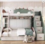 Lit superposé en cuir de dinosaure pour adultes et enfants, lit supérieur et inférieur, lit en bois massif doux, lit réglable recommandé