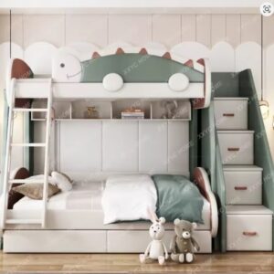 Lit superposé en cuir de dinosaure pour adultes et enfants, lit supérieur et inférieur, lit en bois massif doux, lit réglable recommandé