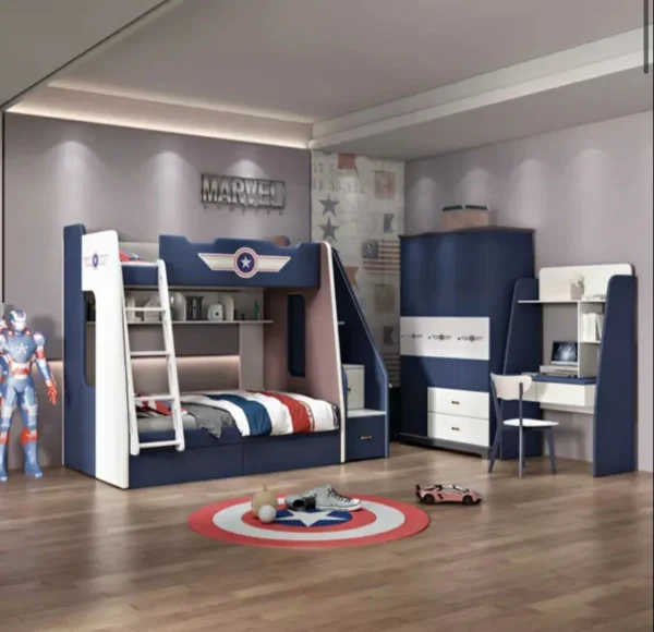 Lits superposés pour enfants style Captain America en bois massif bleu avec escalier – Image 4