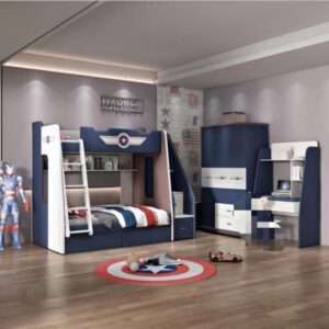 Lits superposés pour enfants style Captain America en bois massif bleu avec escalier