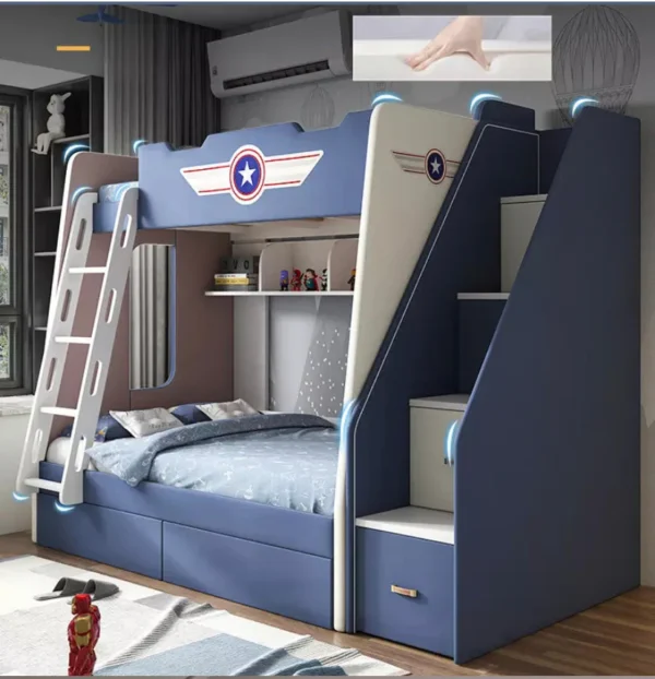 Lits superposés pour enfants style Captain America en bois massif bleu avec escalier – Image 5
