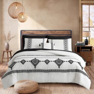 Ensemble de literie bohème brodé, taille Full – 6 pièces, style ferme western blanc et noir, couette toutes saisons avec draps, complet pour lit double.