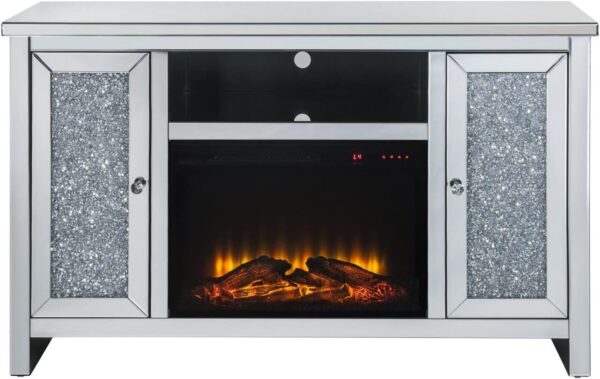Meuble TV avec cheminée électrique et strass acryliques, argent