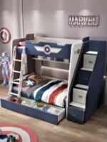 Lits superposés pour enfants style Captain America en bois massif bleu avec escalier – Image 2