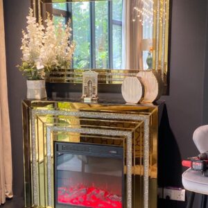 Console Cheminée + Miroir Glam Doré Scintillant