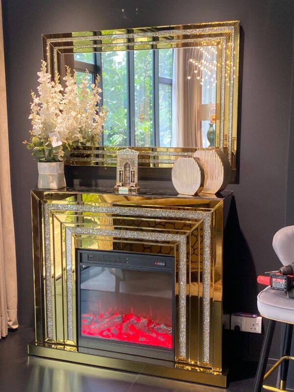 Console Cheminée + Miroir Glam Doré Scintillant