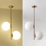 Suspension Globe à 2 lumières en métal doré avec Abat-Jour en Verre Blanc, – Image 2