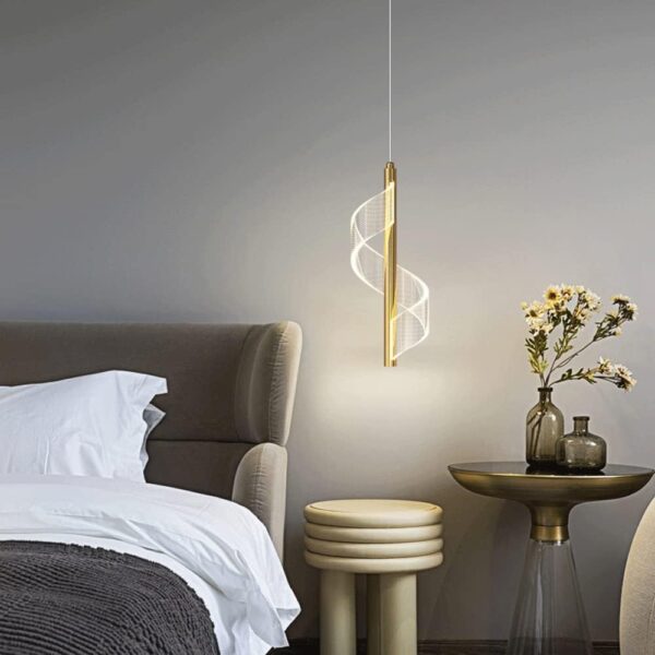 Suspension Spirale dorée, Mini Lampe Suspendue de Chevet, Lustre à LED Moderne, Lampes à Suspension à Long Tube en Aluminium avec Abat-Jour en Acrylique torsadé, 3 Modes de Couleur – Image 2