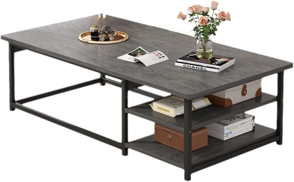 Table Basse Rectangulaire Moderne – Design Italien Style Nordique, Plateau Marron et Structure en Fer, Idéale pour Petits Espaces – Image 8