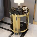Tables d'appoint Table d'appoint Moderne avec Plateau en Verre Noir Table Basse Ronde en Acier Inoxydable Petite Table d'appoint  en métal – Image 4