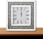 Horloge murale carrée étincelante en vrac avec strass – Miroir en cristal écrasé avec chiffres romains