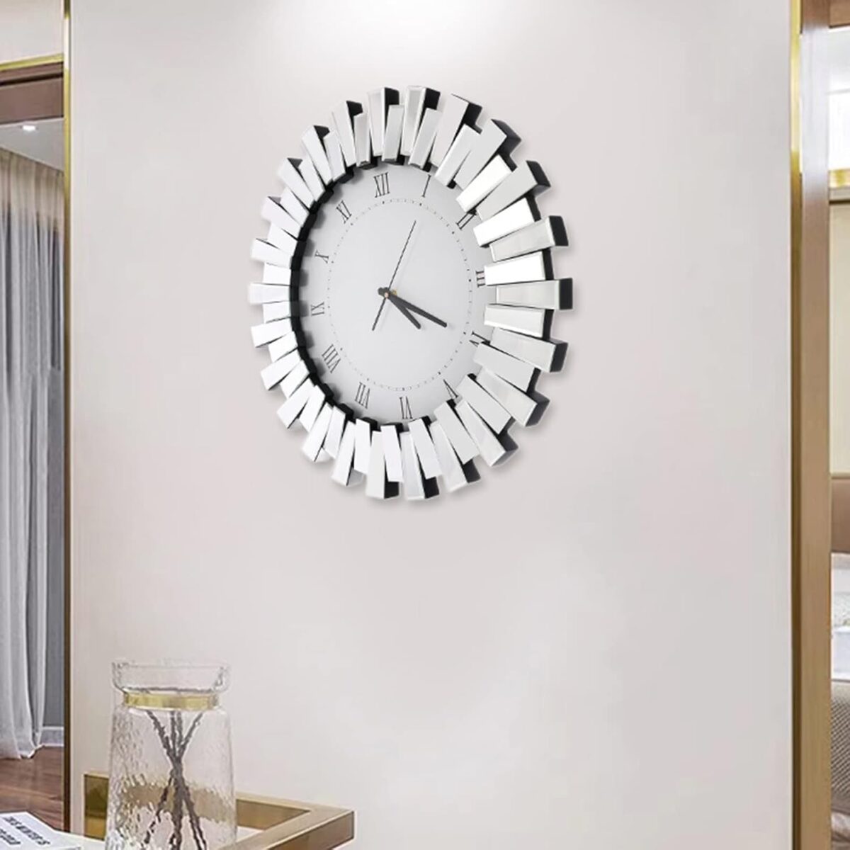 Grandes horloges murales pour décoration de salon, horloge murale décorative moderne de cuisine – Finition miroir en acrylique, chiffres romains. – Image 2