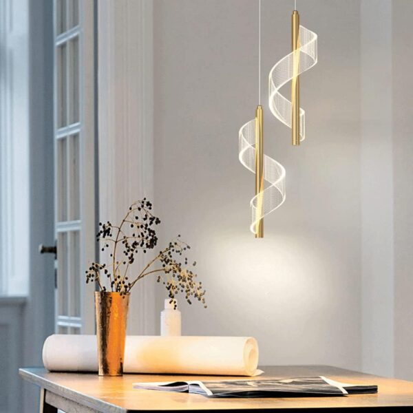 Suspension Spirale dorée, Mini Lampe Suspendue de Chevet, Lustre à LED Moderne, Lampes à Suspension à Long Tube en Aluminium avec Abat-Jour en Acrylique torsadé, 3 Modes de Couleur – Image 3
