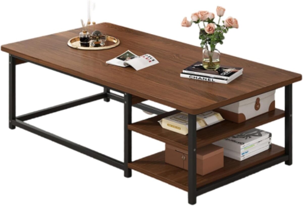 Table Basse Rectangulaire Moderne – Design Italien Style Nordique, Plateau Marron et Structure en Fer, Idéale pour Petits Espaces – Image 5