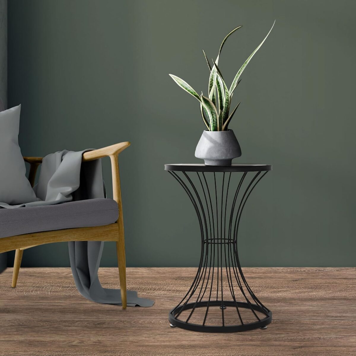 Table d'Appoint Ronde en Forme de Sablier, Noir, Plateau en Bois, Table Basse Decorative – Image 4