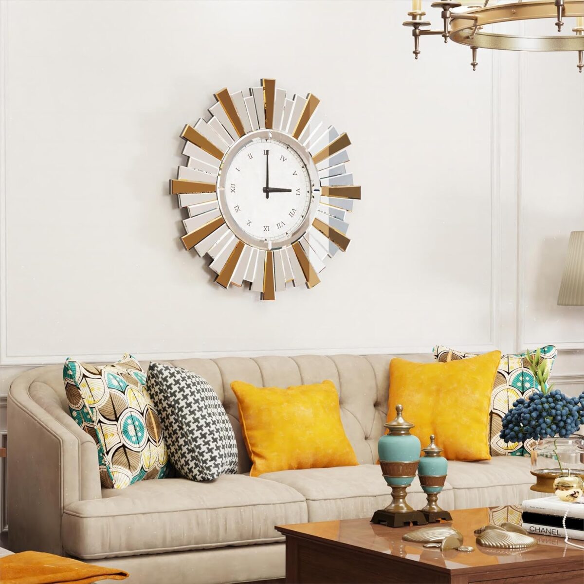Horloge murale ronde miroir Artloge  grande horloge murale décorative avec bord et cadre arrière en cristal biseauté et brillant, décoration artistique moderne – Image 4