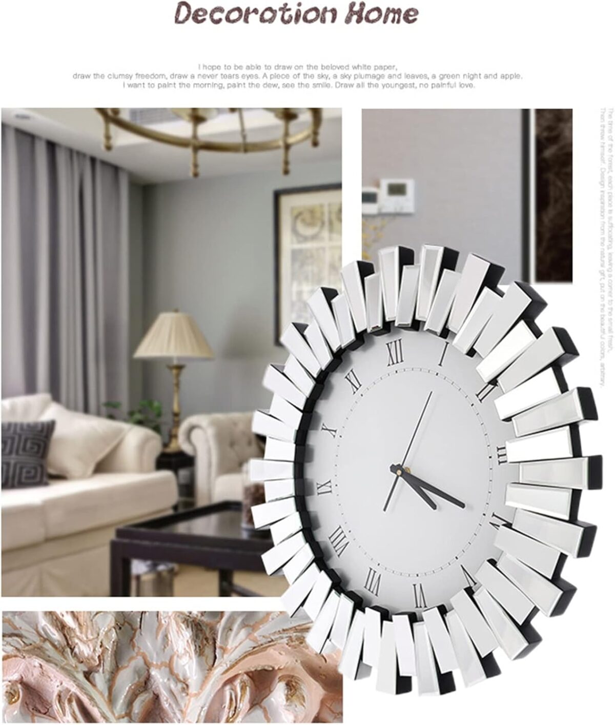 Grandes horloges murales pour décoration de salon, horloge murale décorative moderne de cuisine – Finition miroir en acrylique, chiffres romains. – Image 3