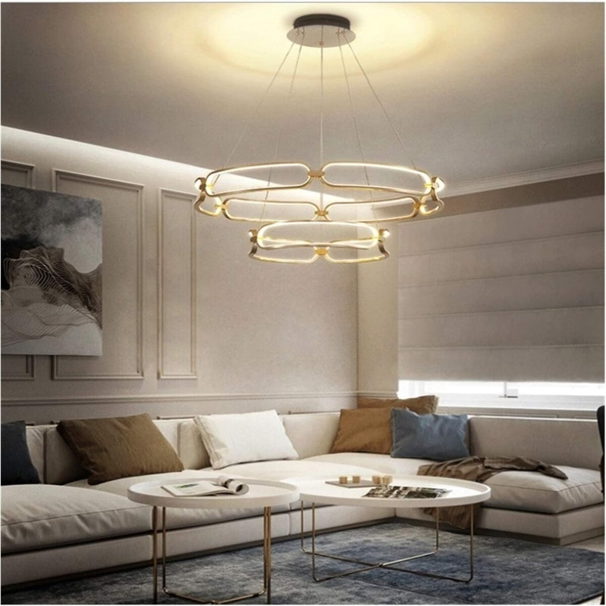 Lustre moderne luxueux à LED avec abat-jours – Éclairage suspendu ou monté au plafond pour salon – Image 3