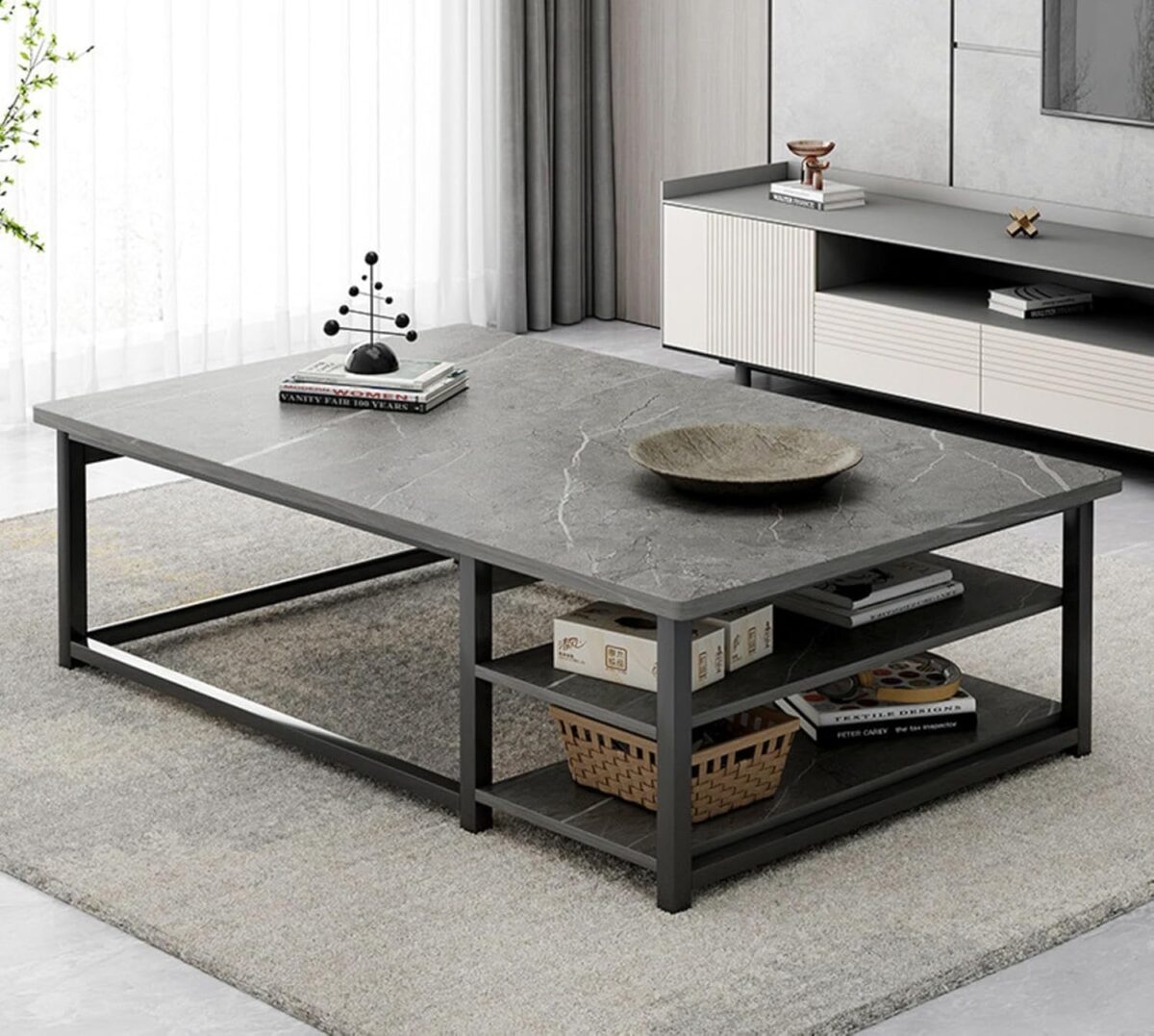 Table Basse Rectangulaire Moderne – Design Italien Style Nordique, Plateau Marron et Structure en Fer, Idéale pour Petits Espaces – Image 6