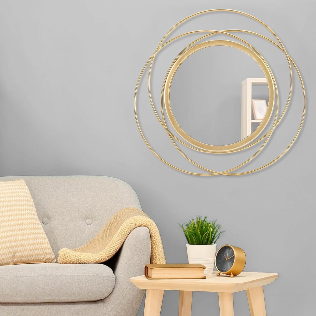 Miroir Mural Rond Doré en Métal, Grand Format Décoratif pour Salle de Bain, Salon ou Chambre – Image 3